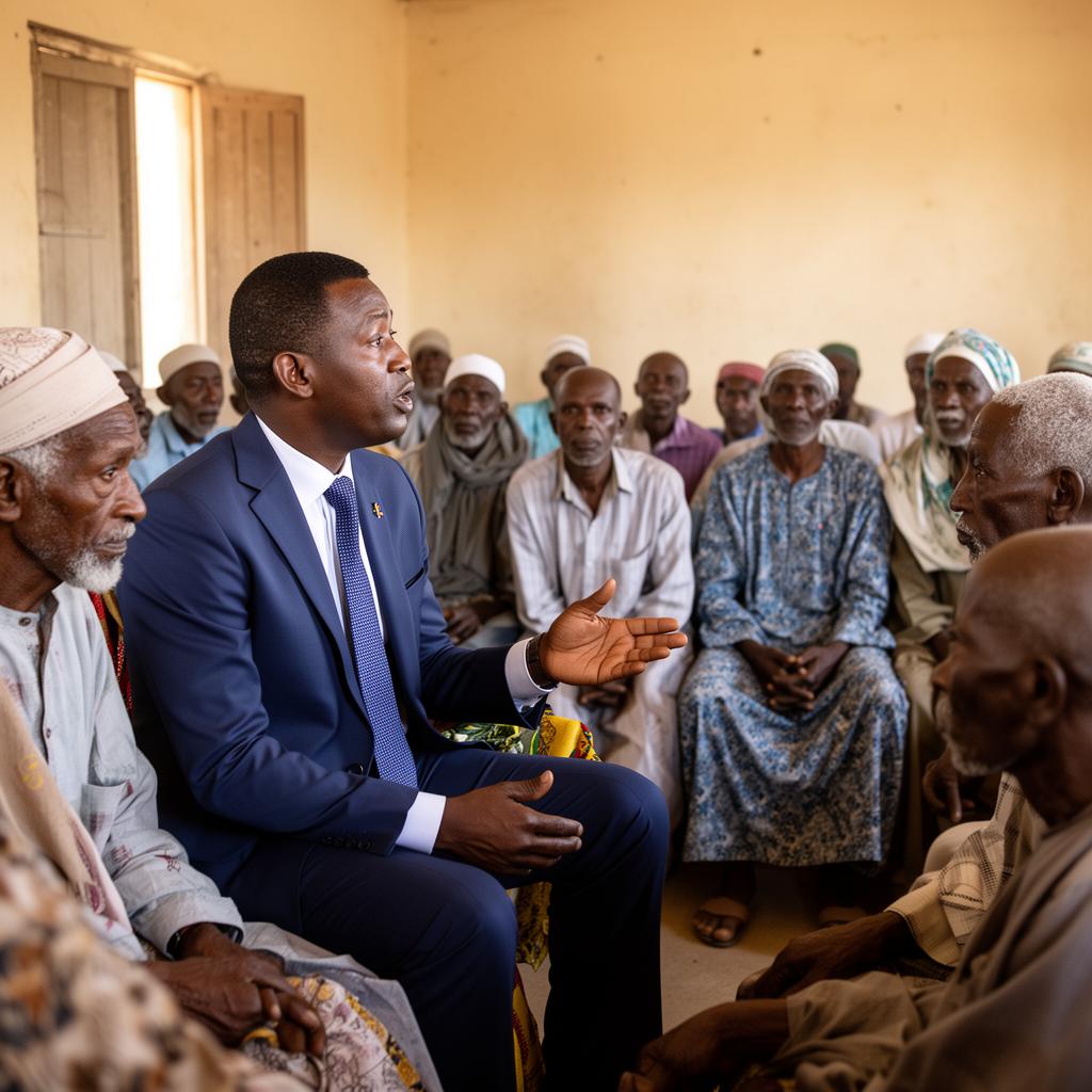 Hussein in conversation with community elders in a Puntland hall.