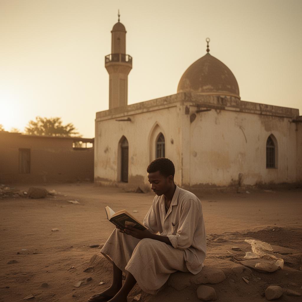 A young Hussein reading near a neighbourhood mosque at dusk.